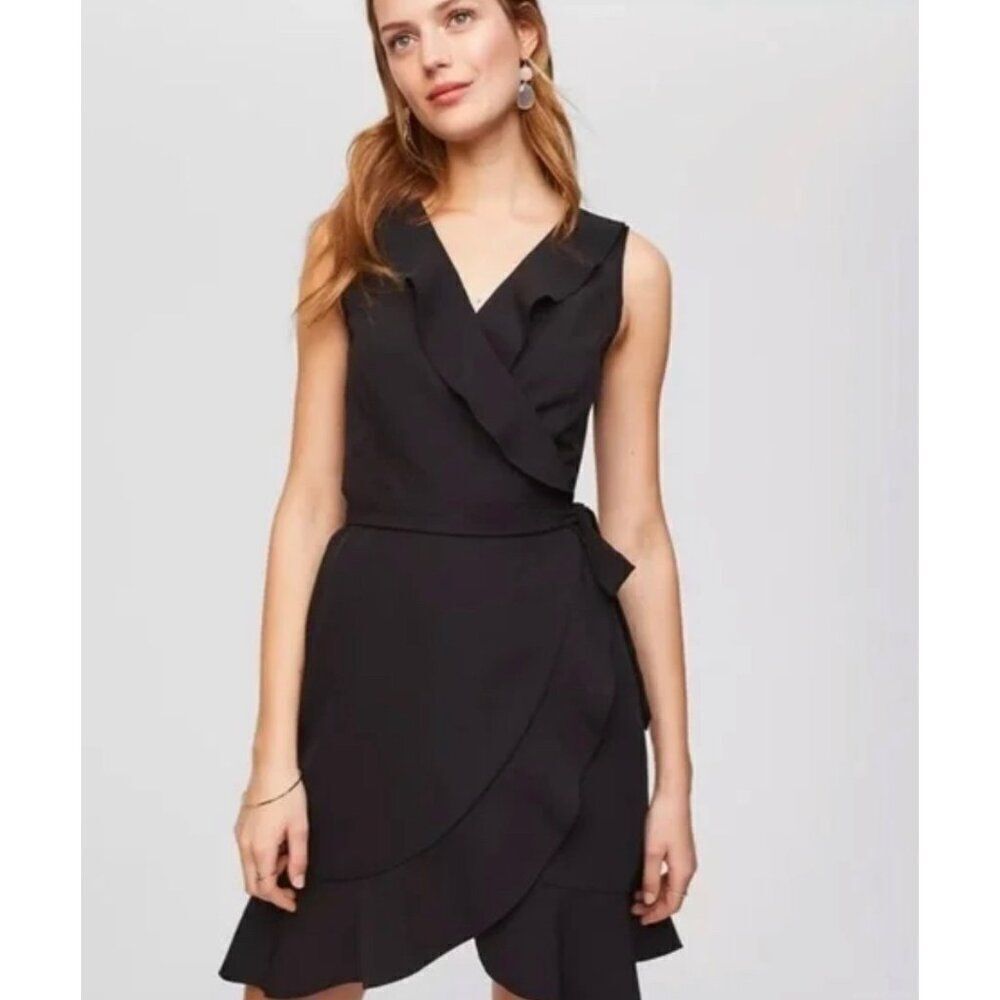 Loft Women Black Wrap Ruffle Sleeveless Dress Size 2